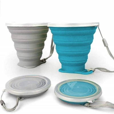 Silicone Foldable Cup, 2 Pack BPA-Free Collapsible Travel Mugs, Folding Silicone Cups with Plastic Sealing Lid, Reusable Portable Cup Set for Picnic, Camping, Outdoor Hiking Travel