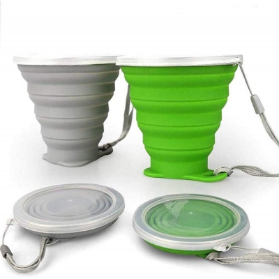 Silicone Foldable Cup, 2 Pack BPA-Free Collapsible Travel Mugs, Folding Silicone Cups with Plastic Sealing Lid, Reusable Portable Cup Set for Picnic, Camping, Outdoor Hiking Travel